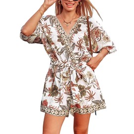 CUPSHE Women's Summer Romper V Neck Casual Wide Leg Outfit Short Sleeves Belted Pockets Mini Jumpsuit Overall Brown Printed, L