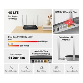 MERCUSYS MB135-4G AC1200 4G Router with Sim Slot,Dual Band Sim Card,4G LTE Plug and Play,TP-Link WiFi, Detachable Antennas, APP control,Guest Network,WAN Connection Available,Data Setting