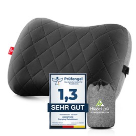 Hikenture inflatable camping travel pillow with removable cushion cover, ergonomic pillow, comfortable neck pillow for travel/outdoor, inflatable travel neck pillow, blue/black/grey