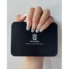 M·Q NAIL,Press on nails,Pink cat's eye square medium nails,Hand drawn,Includes 48 jelly glue and 2 cuticle sticks and 2 rubbing strips. (Black flowing gold, S)