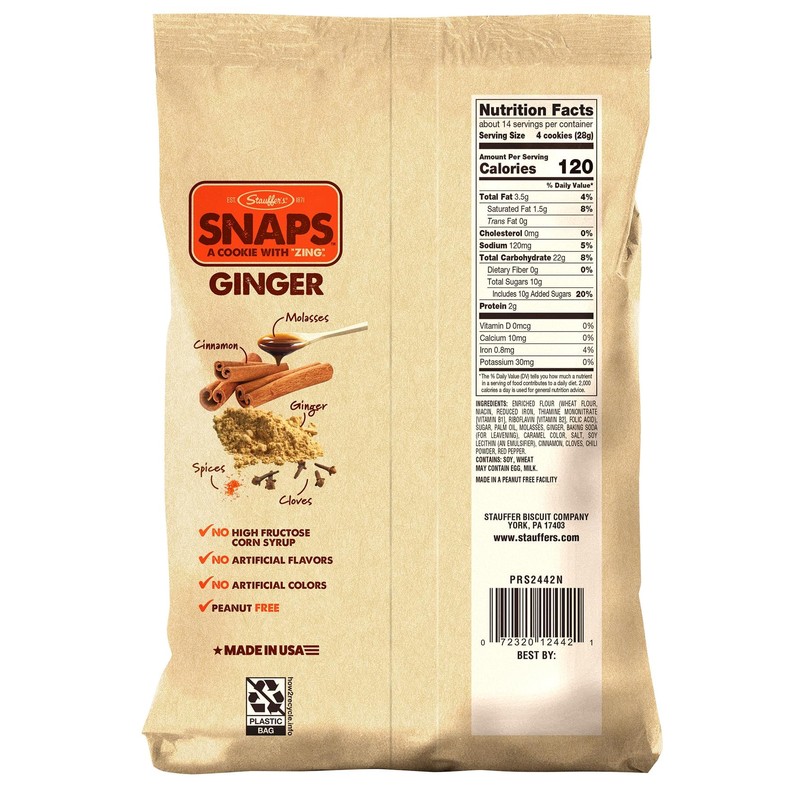 STAUFFERS Ginger SNAPS Cookies - 14oz Bag - Ginger Flavored