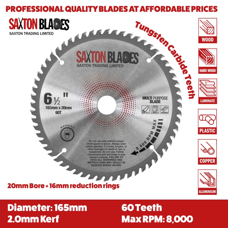 TCT16560TTCG Saxton TCT Circular Saw Blade 165mm x 60T x