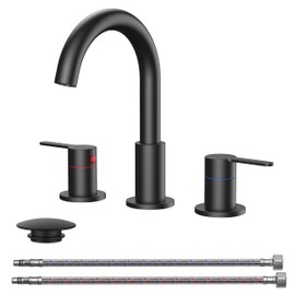 QFN Matte Black Bathroom Faucet 3 Hole, 8 Inch Widespread Vanity Bathroom Sink Faucet with 360° Swivel High Arc Spout, Pop-Up Drain and cUPC Supply Lines Included
