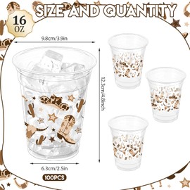 ZCPTZ 100 Pcs Brown Cowboy Plastic Cups, 16 oz Western Cowboy Disposable Clear Party Cups for Cowboy Birthday Party Baby Shower Last Rodeo Party Supplies