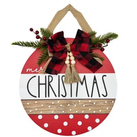 Merry Christmas Sign for Front Door,Round Wood Hanging Wreaths Sign for Christmas,Rustic Farmhouse Porch Fence Christmas Wreaths Decorations.(12inch)