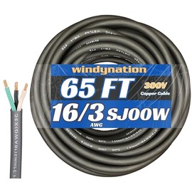 65 Feet 16/3 SJOOW Cable Cord 16 AWG 3 Conductor SO Wire - 16 Gauge 3 Conductor (16/3 Wire) 300V Portable Power Extension Cable for Motor Leads, Portable Lights, Battery Chargers