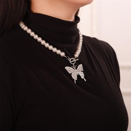 Aimimier Boho Big Butterfly Faux Pearl Choker Necklace Dainty OT Toggle Clasp Crystal Butterfly Pendant Necklace Trendy Prom Party Jewelry for Women, 17.3in, Alloy,faux pearl, Rhinestone