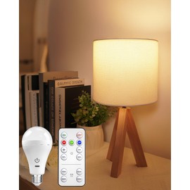 BrightArk Cordless Tripod Table Lamp with E26 Rechargeable Led Light Bulb, 3 Colors Dimmable Desk Lamp with Timer, Small Wooden Bedside Lamp, Nightstand Lamp for Bedroom, Living Room