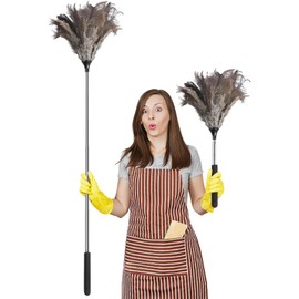 Teleskop Staubwedel Straußenfedern, Staubwedel Lang ausziehbar mit Edelstahlgriff, Straußenfedern, Verstellbar von 43cm bis 101cm, Staubwischer, Antistatisch, Waschbar
