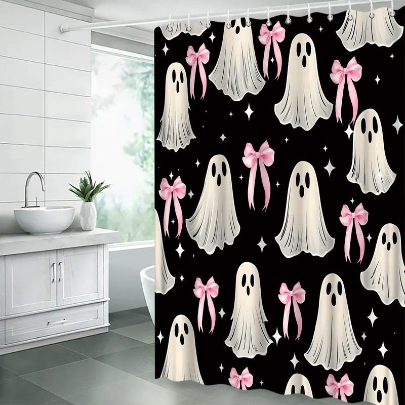FJLLFJ Halloween Ghost Shower Curtain,Cute Spooky Bow Festival Black White