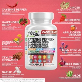 Clean Nutra Cayenne Pepper Capsules Supplement with Hawthorn Berry, Dandelion Root, Ceylon Cinnamon, Garlic, Ginger, Berberine, Apple Cider Vinegar, Milk Thistle, Beet Root, Aloe Vera Pills & More