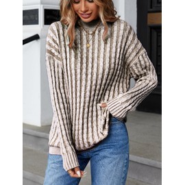 Famulily Womens Sweater Cable Knit Drop Shoulder Contrast Strip Sweater Womens Casual Sweater Coffee S