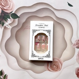 Valentine Press on Nails Short Square Fake Nails Glossy Nude French Tip False Nails with Glitter White Heart Designs Full Cover White Nail Tips Glue on Nails for Women Manicure Decor 24PCS