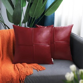 BRAWARM Faux Leather Throw Pillow Covers 18 X 18 Inches, Deep Red Leather Pillow Covers Pack of 2, Hand Stitched Leather Decorative Throw Pillows for Couch Sofa Bed Living Room Home Garden