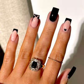 24Pcs Heart Press on Nails Medium Square Fake Nails French Tip Glue on Nails Valentines Day False Nails with Black Heart Design Full Cover Acrylic Nails Glossy Artificial Stick on Nails for Women