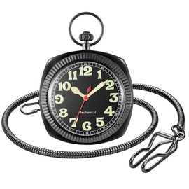 Tiong Square Uncovered Black Mechanical Pocket Watch, Arabic Numeral Dial Mechanical Pocket Watches with Back Cover Bracket and Chainfor Men -Black