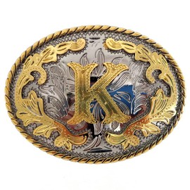 Western Belt Buckle Initial Letters ABCDMRJ to Z Cowboy Rodeo Small Gold Belt Buckles for Men Women (Initial Letter K)