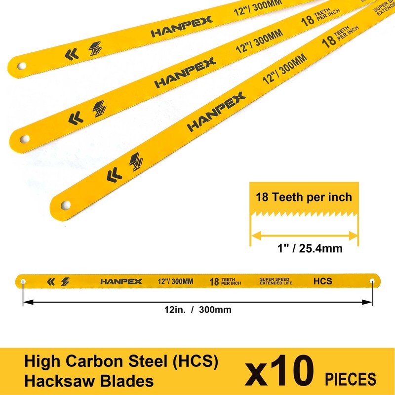 Hanpex Hacksaw Replacement Blades (10 Pack) High Speed 18 TPI