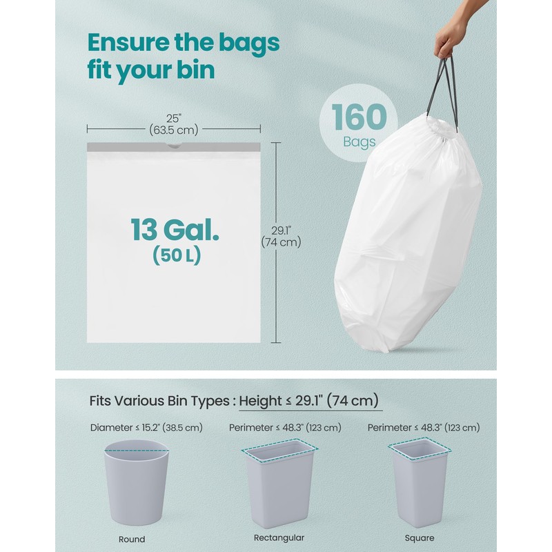 SONGMICS Trash Bags for 13-Gallon (50 L) Trash Cans, Drawstring