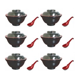 JapanBargain 3424+2397, Soup Bowls with Lid and Spoon Set for Miso Soup Rice Poke Donburi Noodle Pasta Cereal, Black and Red Color, 6 Set
