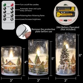 DRomance Snowman House Glass Flameless Candles Battery Operated with Remote and Timer Real Wax LED Flickering Pillar Candles Cold White Light Window Christmas Holiday Decor 3" D x 4", 5", 6" H