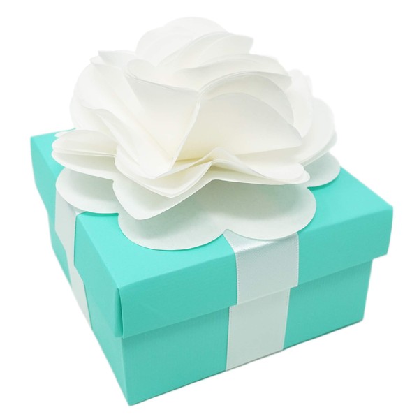 Premium Favor Gift Box for Wedding, Bridal Shower, Birthday and All Events, 4x4x2 Size, 10 Count Per Pack (1-Pack, Robin Egg Blue) - Includes White Satin Ribbons & Paper Flower for Each Box