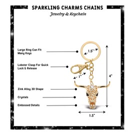 Aqua79 Longhorn Skull Keychain - Gold 3D Sparkling Charm Rhinestones Fashionable Stylish Metal Alloy Durable Key Ring Bling Crystal Jewelry Accessory With Clasp