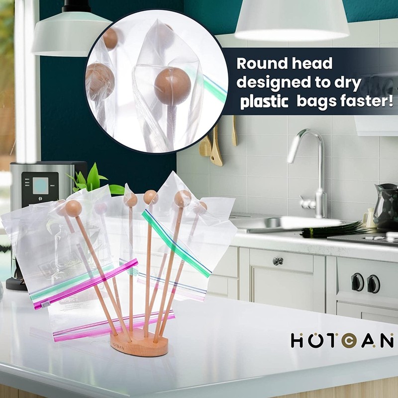 HOTCAN Beech Wood Plastic Bag Drying Rack - Reusable Bag