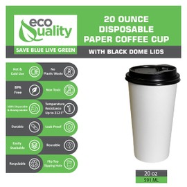 EcoQuality Extra Large 20oz White Paper Coffee Cups with Black Lids - Disposable Paper Coffee Cups - Hot Drink, Tea, Coffee, Cappuccino, Hot Chocolate, Chai, Chai Latte, Office, Travel (50)