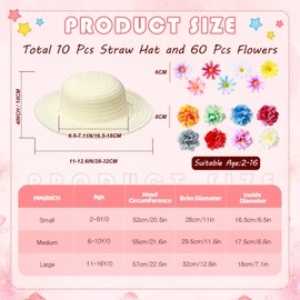 Mepase 70 Pcs DIY Straw Hat with Flower Girls Tea Party Straw Hat 10 Straw Hat 60 Airtificial Flower Cowboy Kids Dress Up Hat (Multicolor,Medium (Age 6-10))