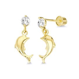 Wellingsale 14K Yellow Gold Polished Dolphin Stud Earrings With Screw Back