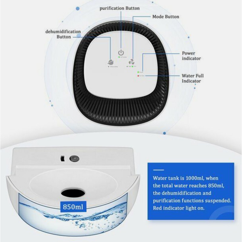 Honati Mini Portable Compact Dehumidifier Air Purifier (1000 ml) Auto