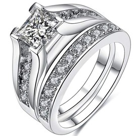 JUDE 925 Sterling Silver Princess Cut Wedding Engagement Bridal Ring Set (L)