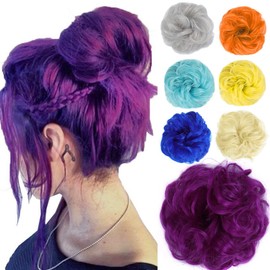 Kediciz Messy Bun Hair Piece Fake Hair Buns Scrunchies Extensions Synthetic Thick Updo Hairpieces Curly Wavy Chignon Ponytail for Women Girls Kids Dark Purple