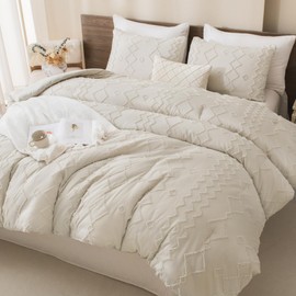 Andency Beige Tufted Comforter Set Twin(66x90Inch), 2 Pieces(1 Boho Comforter, 1 Pillowcase) Textured Farmhouse Bed Set, Soft Microfiber Down Alternative Geometric Bedding