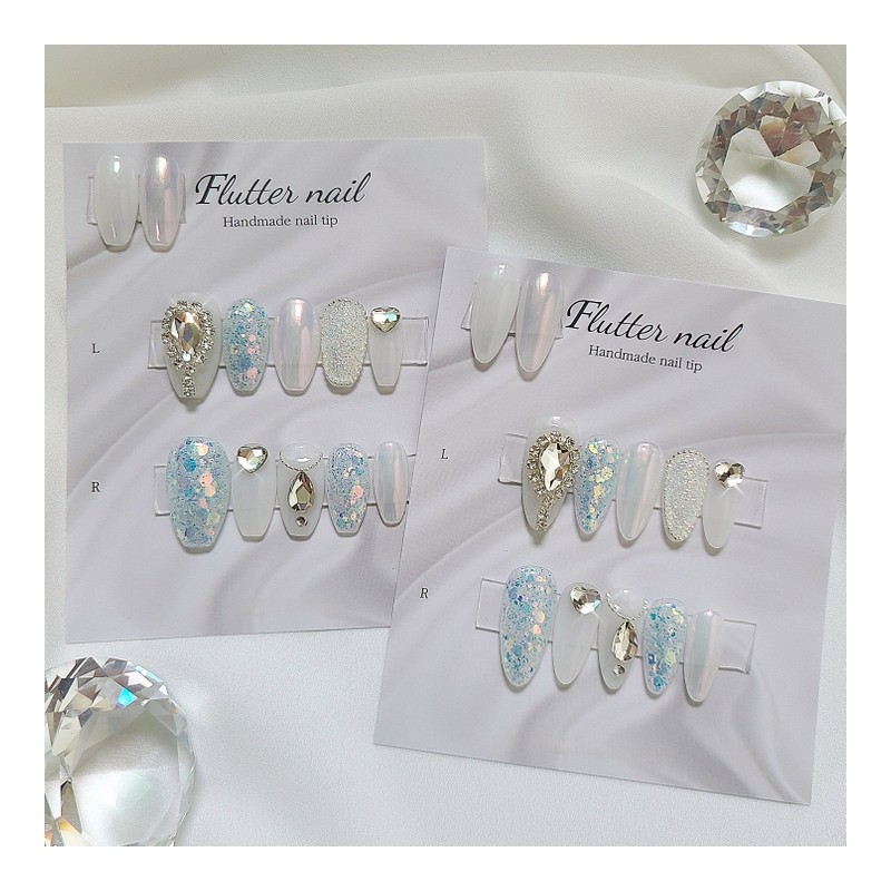 Blue Glitter & Silver Stone Handmade Nail Tips - Midi