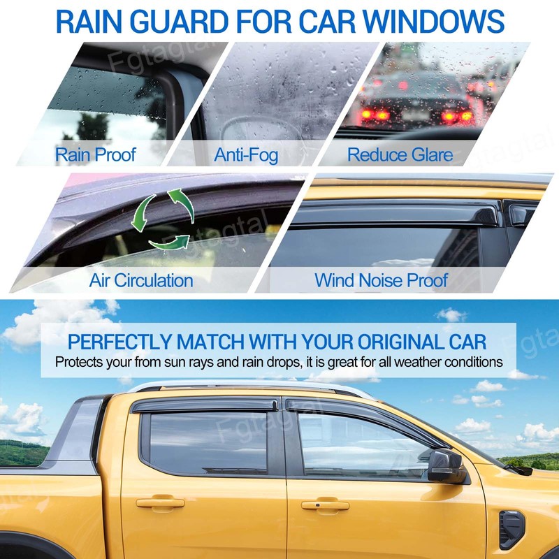 Side Window Deflectors Compatible with Ford Ranger 2024 2025, ABS