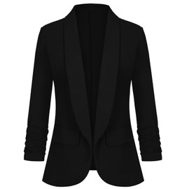LADI TREND Women's Casual Business Blazers Open Front 3/4 Ruched Sleeve Shawl Lapel Office Blazer Jacket with Pockets *Black,Size L*