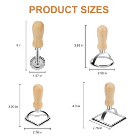 TACGEA Ravioli Stamp Maker Cutter with Roller Wheel (Set of 4), Wooden Handle and Fluted Edge, for Ravioli, Pasta, Dumplings Lasagna, Pierogi