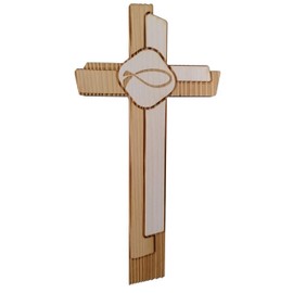 Kaltner Präsente Geschenkidee - 24 cm Wandkreuz Echtes Holz Kreuz Fichte Kruzifix mit Fisch Symbol für die Wand modern gefertigt im Grödner Tal Südtirol