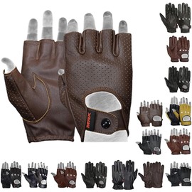 MRX BOXING & FITNESS Mens Driving Gloves Basic Soft Goat Leather Fingerless Breathable Biker Motorcycle Riding Cycling Shooting Gloves Half Finger Brown Button (Large)