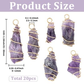 BEAMARKER 20Pcs Natural Amethyst Pendant Bulk Irregular Amethyst Charms 18K Gold Plated Copper Wire Wrapped Pendants Natural Stone Crystal Gemstone Charm for Jewelry Making Necklace Earring