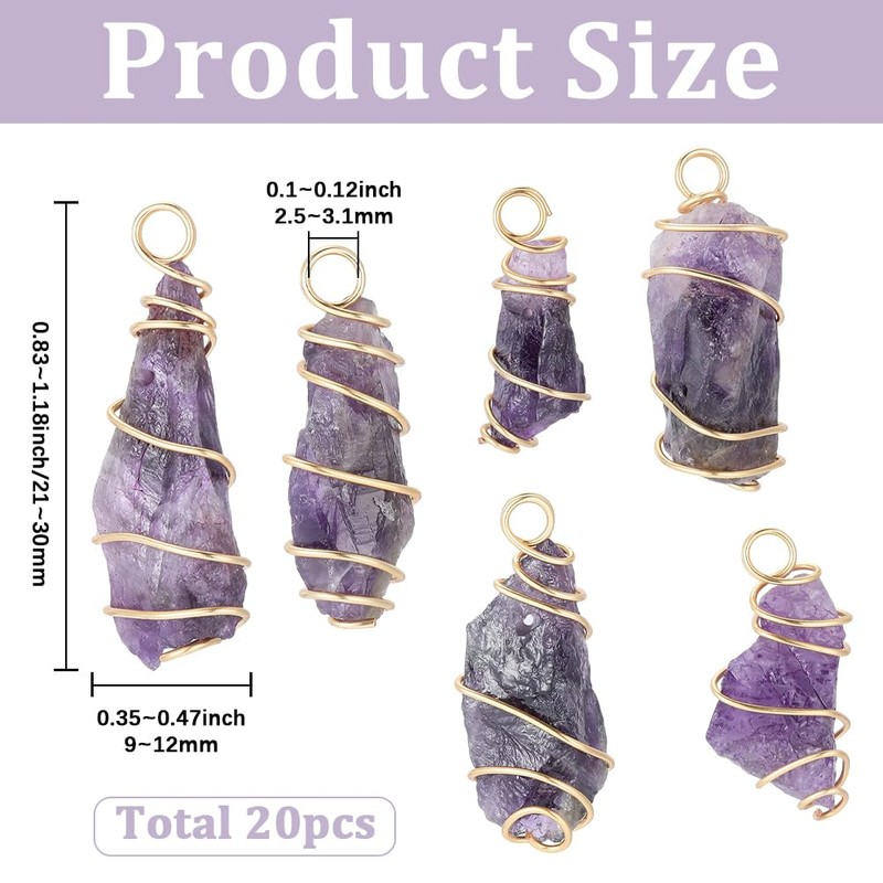 BEAMARKER 20Pcs Natural Amethyst Pendant Bulk Irregular Amethyst Charms 18K