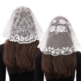 Bozidol 2 Pack Chapel Veils for Church Catholic, Small Round Flower Embroidered Lace Mantilla Veil, Floral Prayer Latin Mass Head Coverings for Women Girls