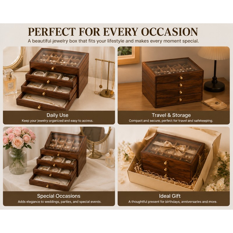Wooden Jewelry Box Transparent Window Rings Necklace Storage Organizer Box