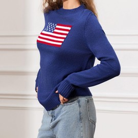Women Y2K American Flag Sweaters Long Sleeve Round Neck Flag Print Knit Pullover Sweater Vintage Loose Jumper Tops