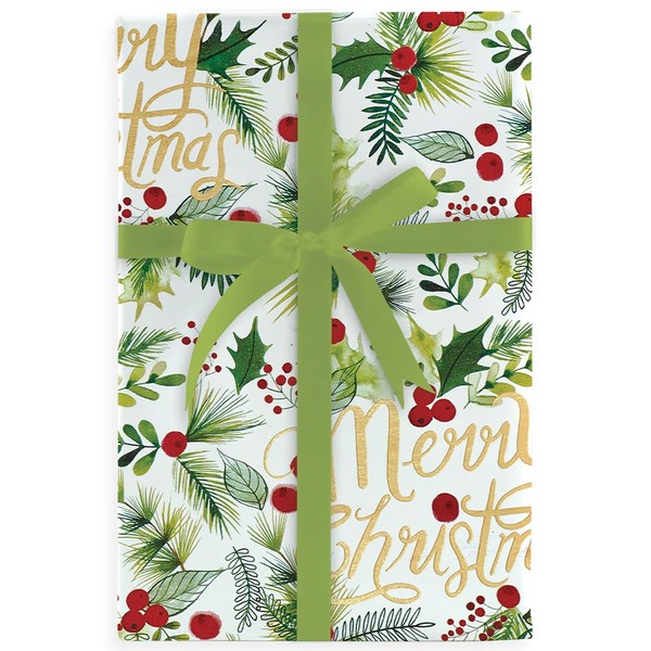 Christmas Wrapping Paper -Gift Wrapping Paper Two Continuous Rolls -Ten Feet Per Roll - Two Rolls Christmas Gift Wrap 30 Inches x 10 Feet Each - Jumbo Red and Gold Christmas Gift Wrapping Paper Holly