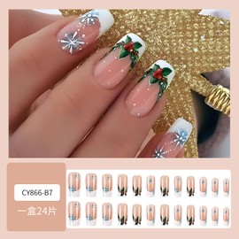 Christmas Medium Press on Nails Snowflake Fake Nails White French Tip Glue on Nails Winter Xmas False Nails Full Cover Glossy Acrylic Nails Reusable Stick on Nails for Women Manicure Art, 24Pcs