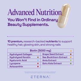 Eterna Eterna Radiant Capsules - Advanced Hair, Nails and Skin Supplement with Gotu Kola, Hydrolyzed Collagen & Keratin, Supports Hydration with Amla Extract, Astaxanthin & Hyaluronic Acid - 90 Capsules
