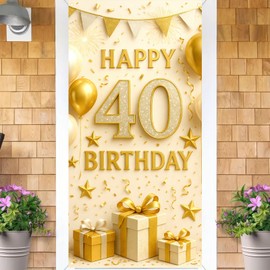 HOMETITUTE 40th Birthday Door Cover 71x35 Inch White and Gold Birthday Banner for Party Decorations Gift Box Backdrop Sign for Women Men Party Supplies Wall Porch